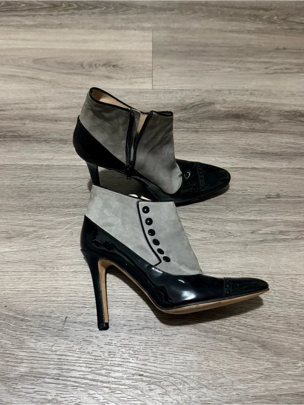 Manolo Blahnik Black Patent and Gray Suede Ankle Booties